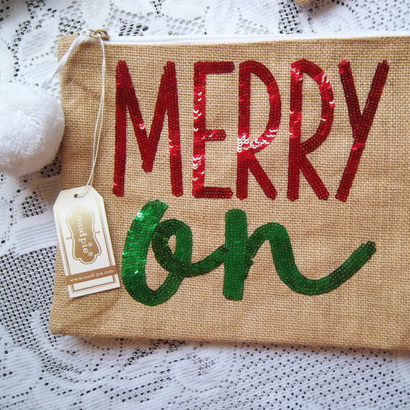 Mud Pie Merry On Holiday Burlap Pom Pom Bag - Picture 3 of 5